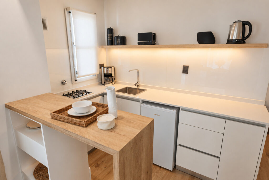 Cocina equipada de un departamento de 1 dormitorio con anafe, microondas y pava eléctrica