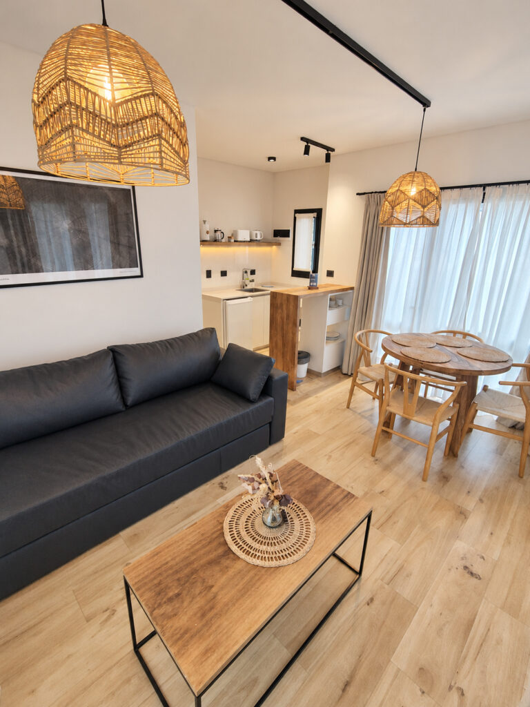 Living de un departamento de 1 dormitorio con sofá cama y comedor