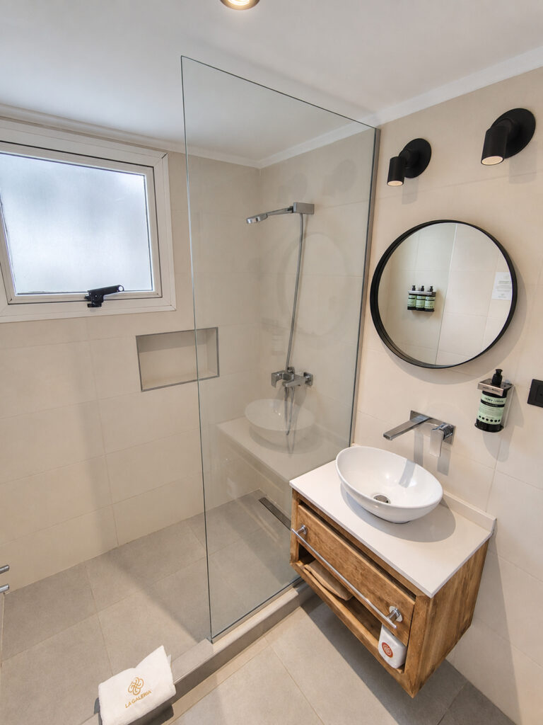 Baño privado de un departamento de 1 dormitorio con ducha y bacha de apoyo